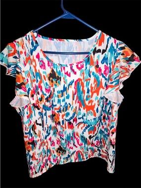 SHEIN Abstract Ikat Print Flutter Sleeve Blouse - Colorful Boho Top XL colorful